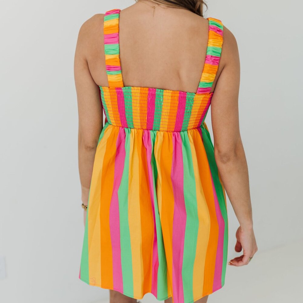 Show Me Your MuMu Neon Pink Green Orange Striped Mini Dress - Picture 10 of 15